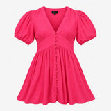 Dress Pink Linen Blend V-Neck Puff Sleeve Mini Pet