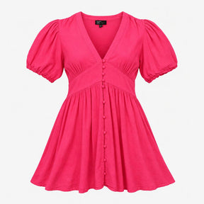 Dress Pink Linen Blend V-Neck Puff Sleeve Mini Pet