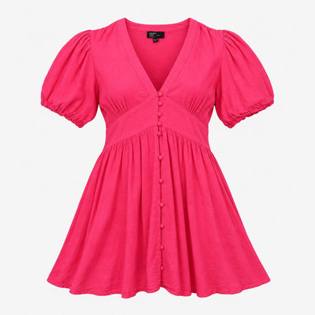 Dress Pink Linen Blend V-Neck Puff Sleeve Mini Pet