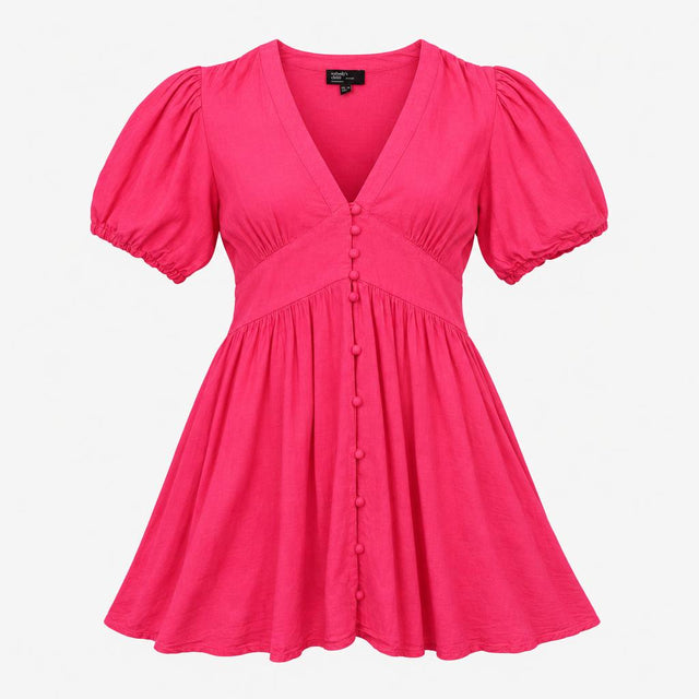 Dress Pink Linen Blend V-Neck Puff Sleeve Mini Pet