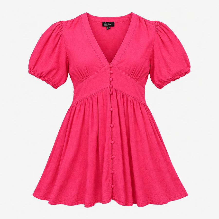 Dress Pink Linen Blend V-Neck Puff Sleeve Mini Pet