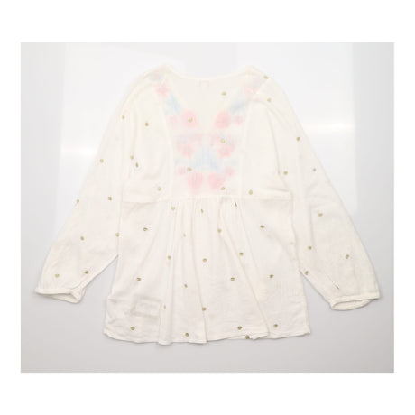 Tunic Top White Floral Embroidered Cotton Tassel T