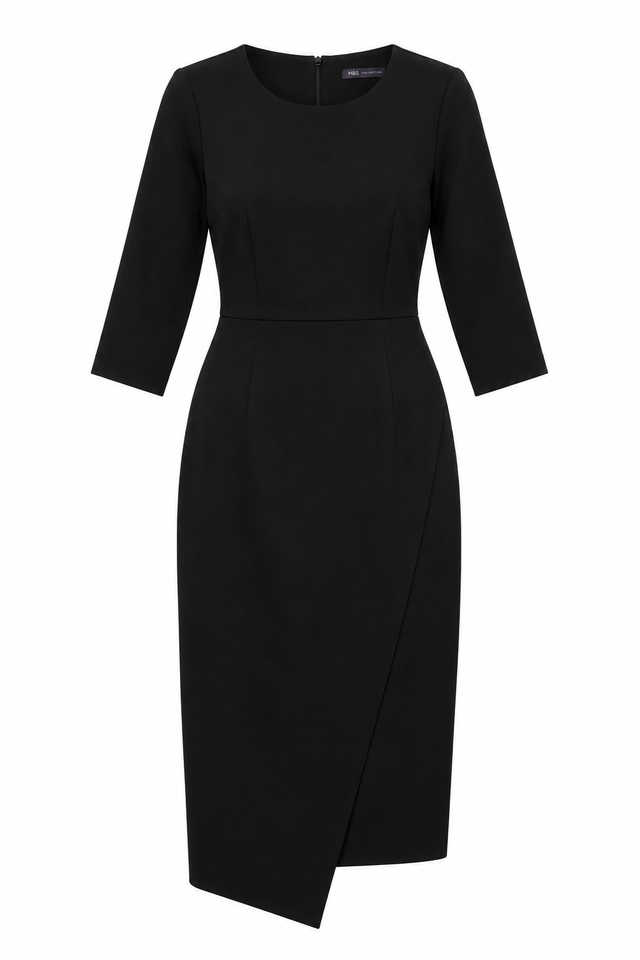 Wrap Dress Black Three Quarter Sleeve Midi