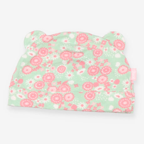 Baby Hat green with pink flowers and ears