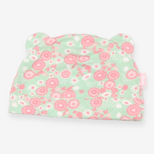 Baby Hat green with pink flowers and ears