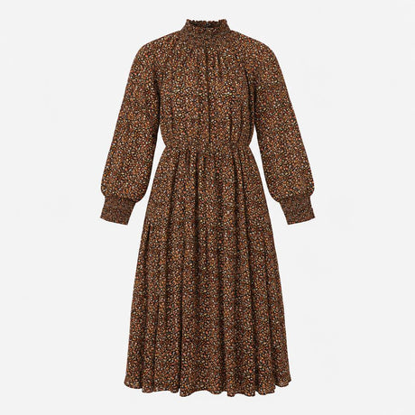 Dress Floral Smocked Neck Long Sleeve Midi Black M