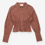 Burgundy Plaid Smocked Waist Peplem