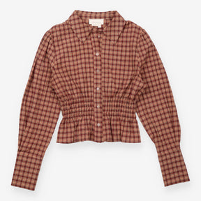 Burgundy Plaid Smocked Waist Peplem