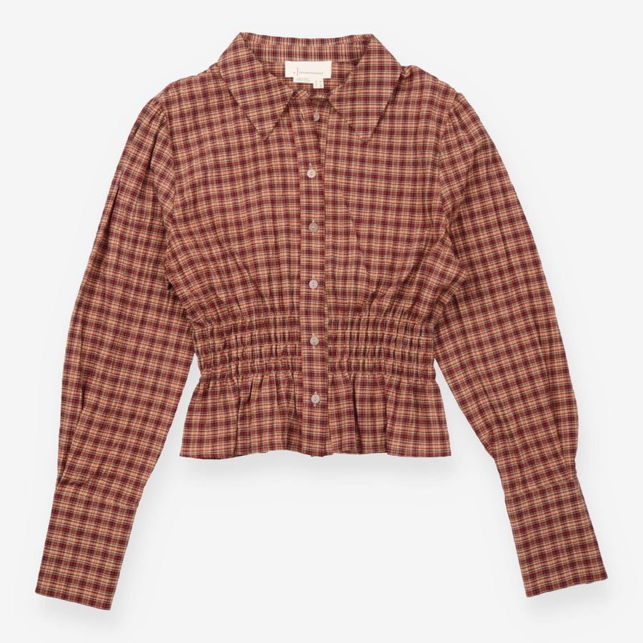 Burgundy Plaid Smocked Waist Peplem