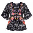 Top Floral Embroidered V Neck Navy Viscose