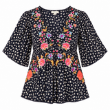 Top Floral Embroidered V Neck Navy Viscose