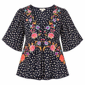 Top Floral Embroidered V Neck Navy Viscose