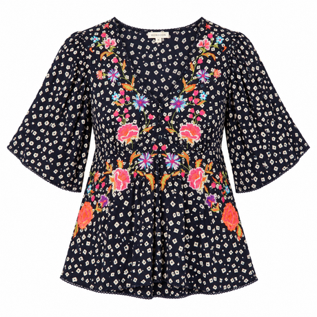 Top Floral Embroidered V Neck Navy Viscose