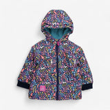 Navy coat with colourful woodland animals