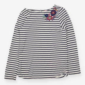 T-Shirt Long Sleeved Navy Stripe Flower Applique