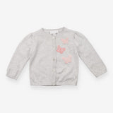 Grey knit cardigan with pink butterflies