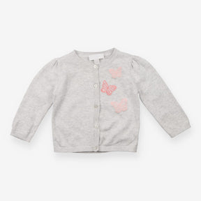Grey knit cardigan with pink butterflies