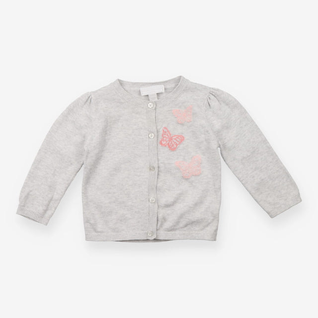 Grey knit cardigan with pink butterflies
