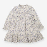 Dress LS cream blue flower frill neck cuffs