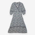 Midi Dress Blue Floral Wrap Front Tie Waist