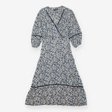 Midi Dress Blue Floral Wrap Front Tie Waist