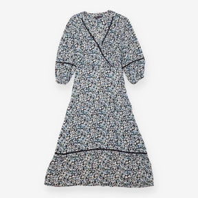 Midi Dress Blue Floral Wrap Front Tie Waist