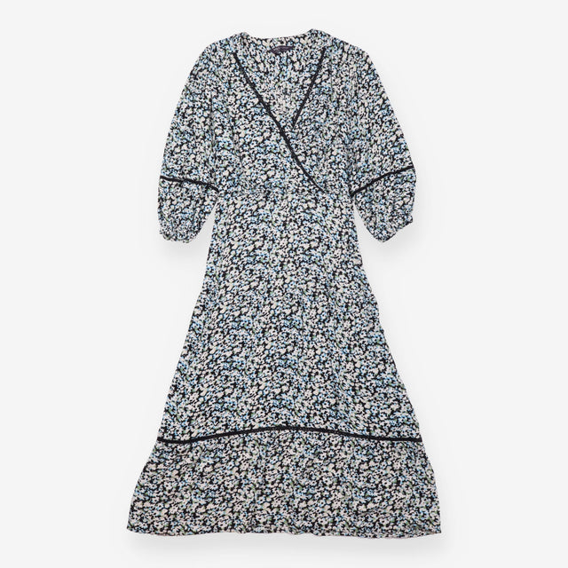 Midi Dress Blue Floral Wrap Front Tie Waist