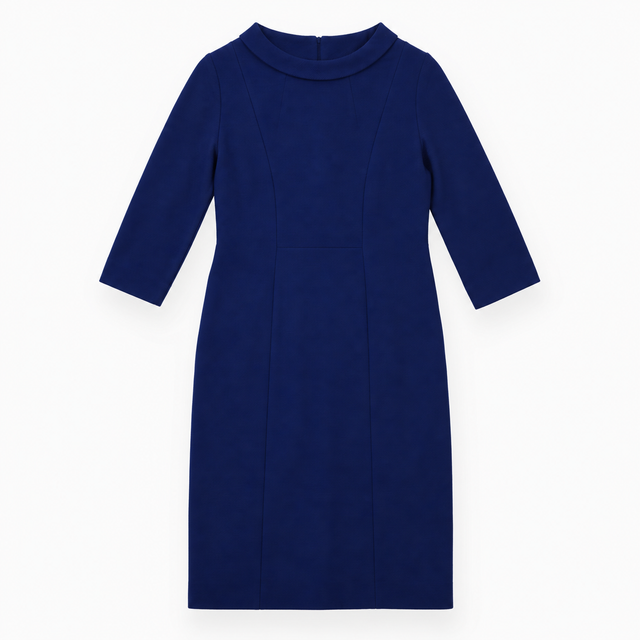 Dress Blue Textured Long Sleeve Round Neck Midi