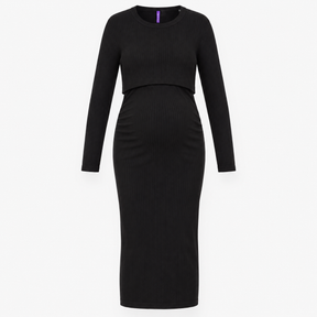 Dress Black Ribbed Knit Layered Midi Maternity