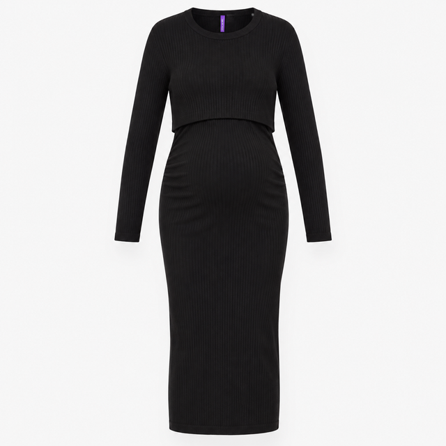 Dress Black Ribbed Knit Layered Midi Maternity