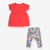 Outfit pink tee SS rabbit blue leggings flowers 