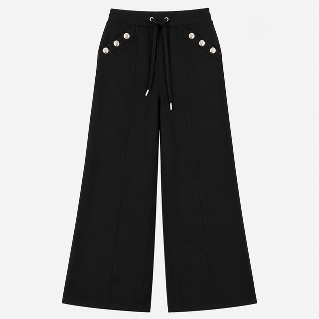 Trousers Black Wide Leg Studded Pocket Drawstring 
