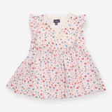 Woven Dress with Ruffle Shoulders White with Red 
