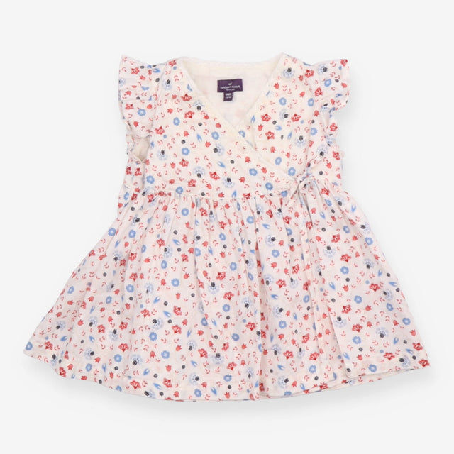 Woven Dress with Ruffle Shoulders White with Red 