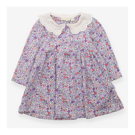 Dress LS purple ditsy white lace collar