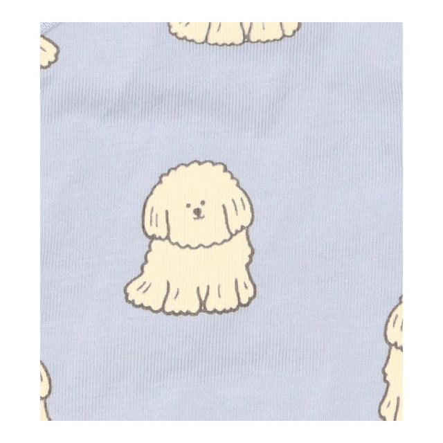 Blue bodysuit long sleeve with white fluffy dogs