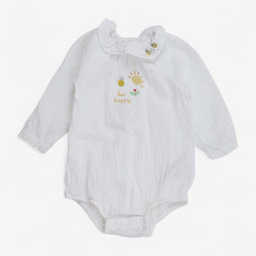 Bodysuit Long Sleeve Collar Muslin White Happy Bee