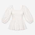 White Shirred Square Neck Puff 3/4 Sleeve Peplum B