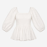 White Shirred Square Neck Puff 3/4 Sleeve Peplum B