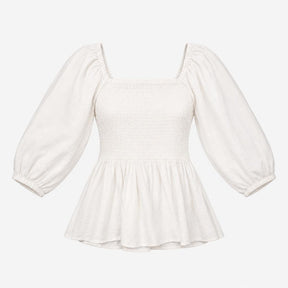 White Shirred Square Neck Puff 3/4 Sleeve Peplum B