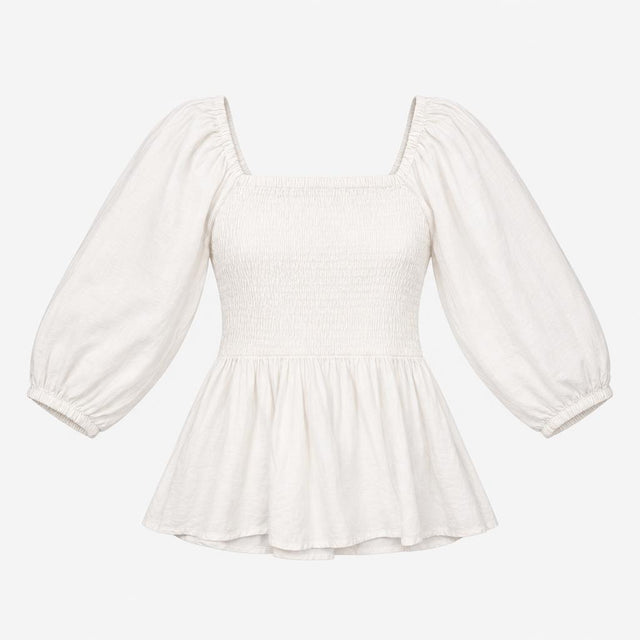 White Shirred Square Neck Puff 3/4 Sleeve Peplum B