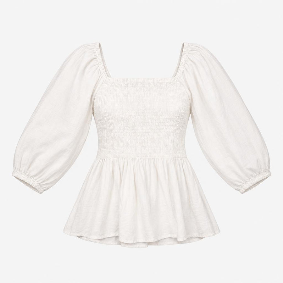 White Shirred Square Neck Puff 3/4 Sleeve Peplum B