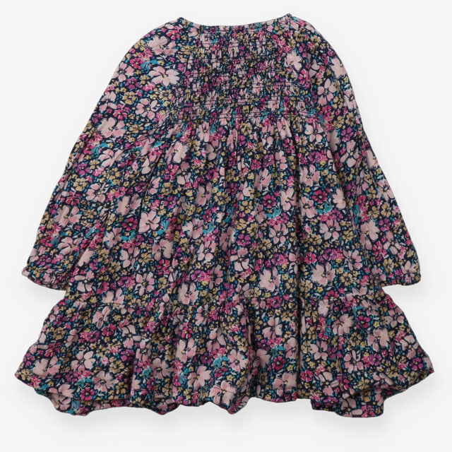 Dress floral LS smocked navy blue