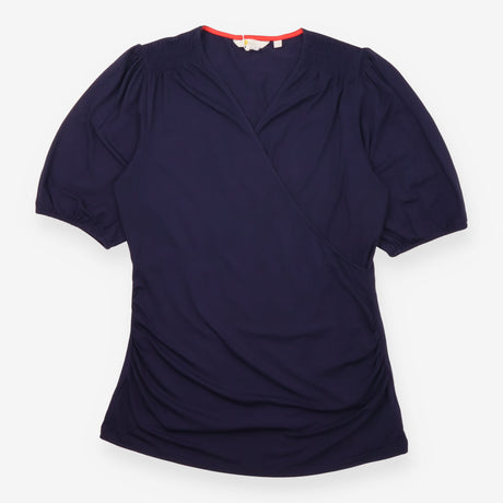 Navy Blue Ruched Wrap V-Neck Jersey Top