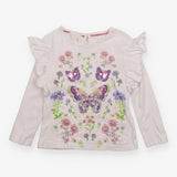 Tee with Ruffle Shoulders White and Butterflies 