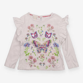 Tee with Ruffle Shoulders White and Butterflies 