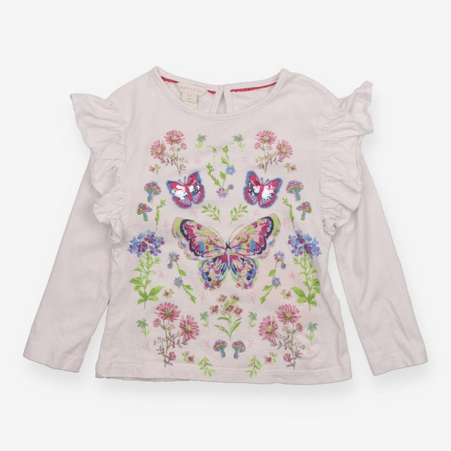Tee with Ruffle Shoulders White and Butterflies 