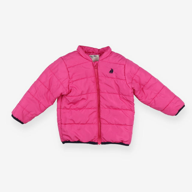 Pink puffer coat with navy trim