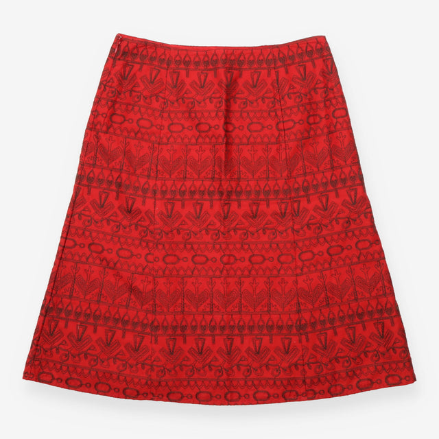 Embroidered A Line Cotton Midi Skirt Red