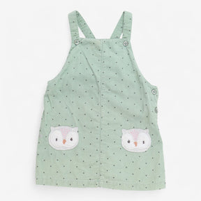 Dungaree dress corded mint green with owl applique